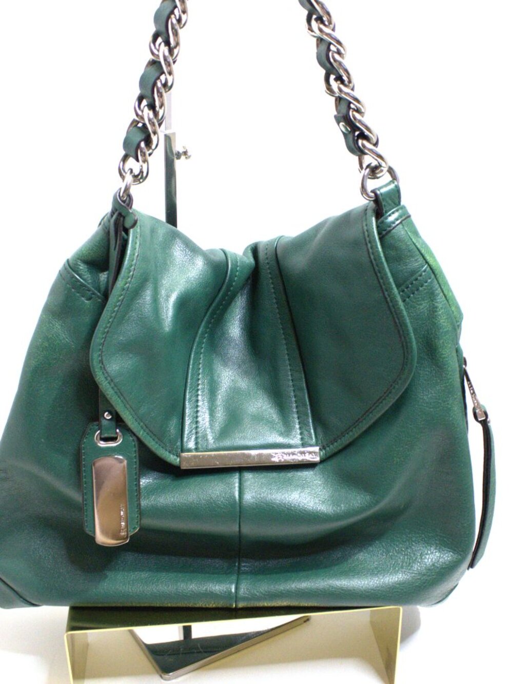 B. Markowsky, Green Leather Hobo with Chunky Silver Chain and Crossbody Strap